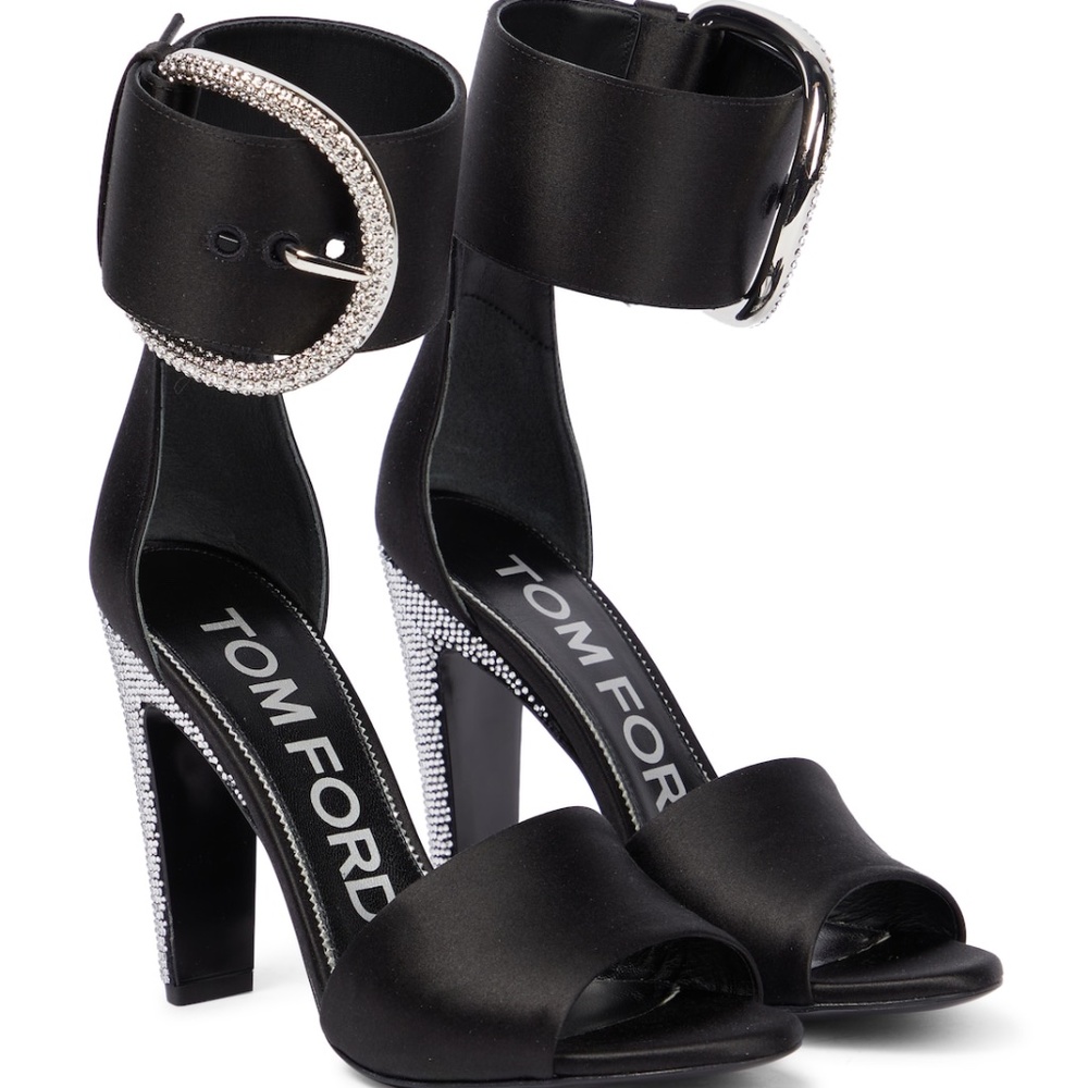 TOM FORD Crystal-embellished satin sandals, size 37.5